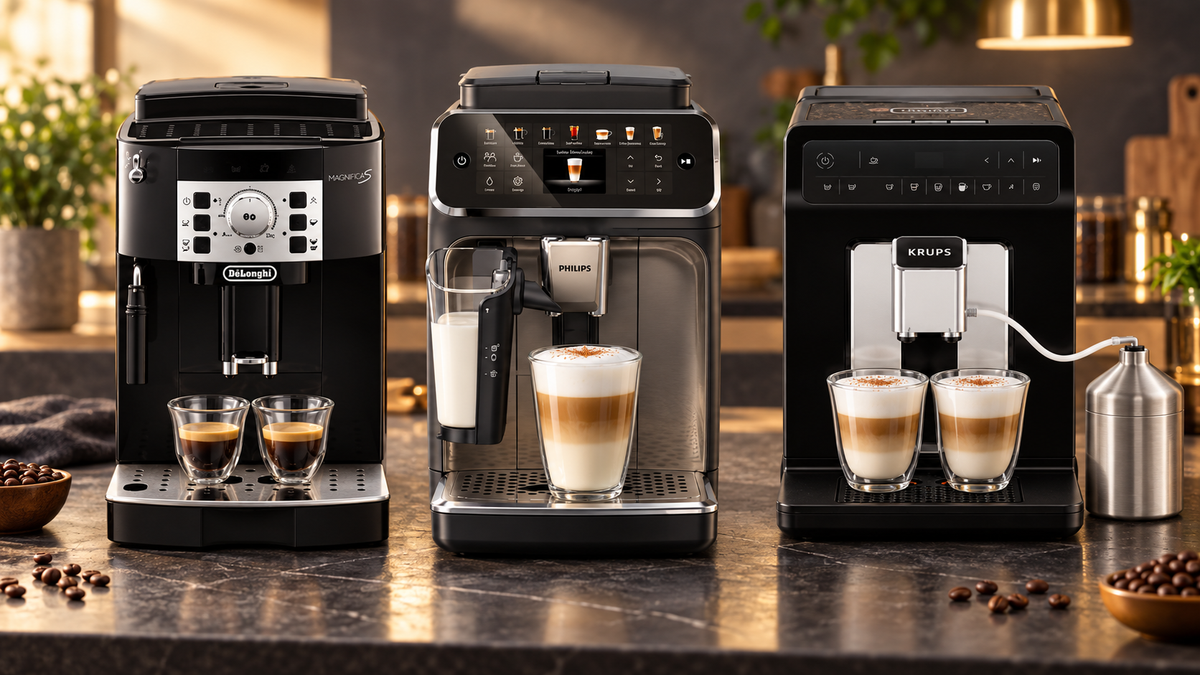Кофемашины De’Longhi Magnifica S, Philips LatteGo и KRUPS Evidence на кухонной столешнице — иллюстрация подборки