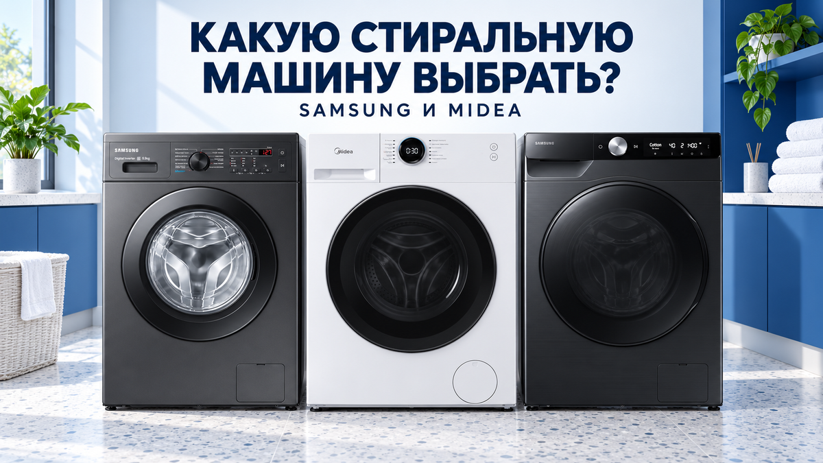 Три стиральные машины Samsung и Midea в светлой прачечной с синими шкафами
