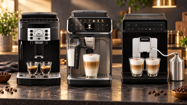 Кофемашины De’Longhi Magnifica S, Philips LatteGo и KRUPS Evidence на кухонной столешнице — иллюстрация подборки
