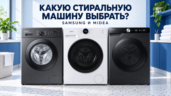 Три стиральные машины Samsung и Midea в светлой прачечной с синими шкафами